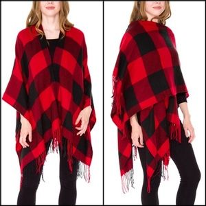 Boho Buffalo Plaid Wrap Ruana Poncho | Red & Black